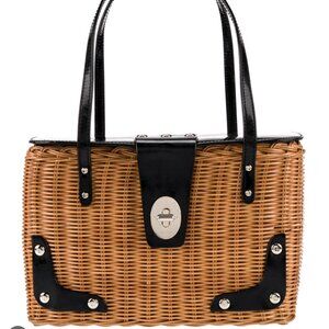 Kate Spade New York Handbag Wicker Basket Black Patent Leather Purse Tote Picnic